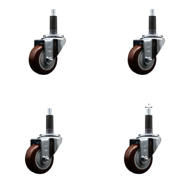 3'' SS Maroon Poly Wheel Swivel 1'' Expanding Stem Caster Set, 4PK